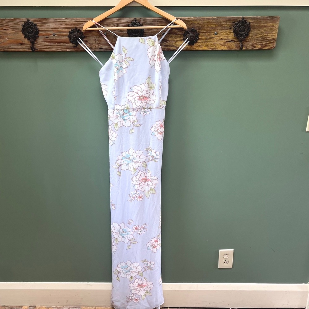 Lulus Light Blue Floral High Neck Crisscross Back Maxi Dress XL NEW